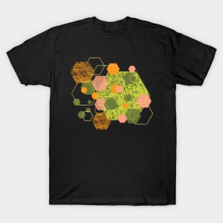 Green, orange, lemon, dusty pink, olive and gold geometrical hexagons T-Shirt